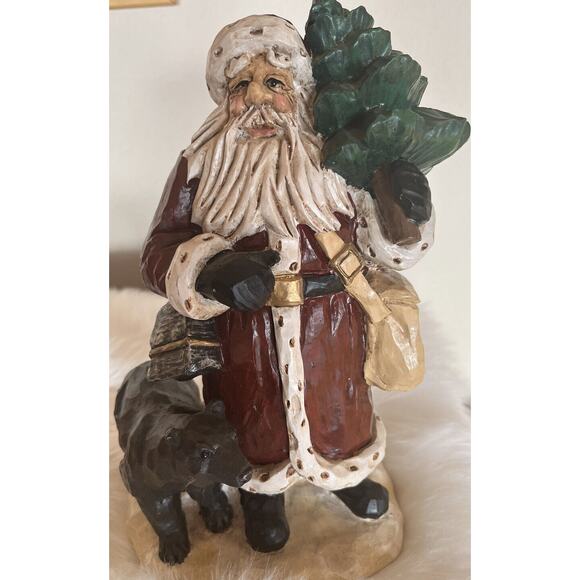 VINTAGE SANTA FIGURE Rustic Black Bear Tree Figurine 10” Christmas - Picture 1 of 4